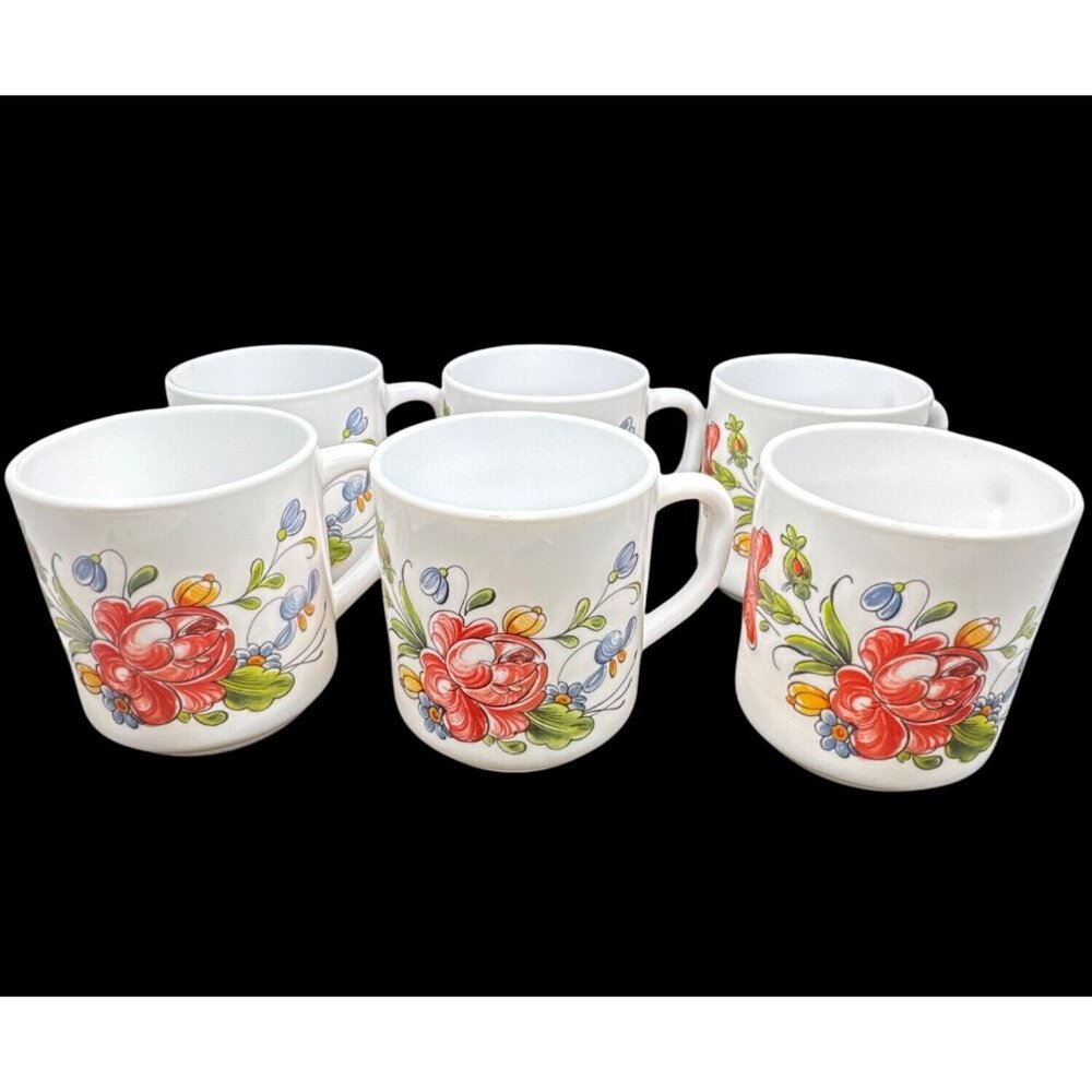 Vintage Arcopal France Milk Glass Coffee Mugs Cups Floral - Set of 6